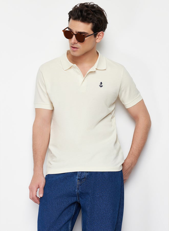 trendyol Stone Regular/Normal Cut Short Sleeve Textured 100% Cotton Polo Neck T-shirt - Image 4