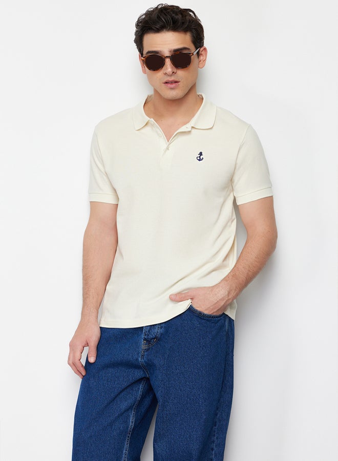 trendyol Stone Regular/Normal Cut Short Sleeve Textured 100% Cotton Polo Neck T-shirt - Image 3