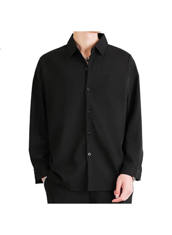 VANCAMEL Men'S Long-Sleeve Shirt, Loose Casual Menswear Top, Korean Style Solid Color Clothing, Black, 2Xl - Image 2