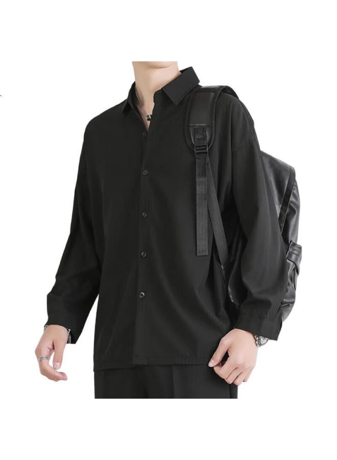 VANCAMEL Men'S Long-Sleeve Shirt, Loose Casual Menswear Top, Korean Style Solid Color Clothing, Black, 2Xl - Image 3