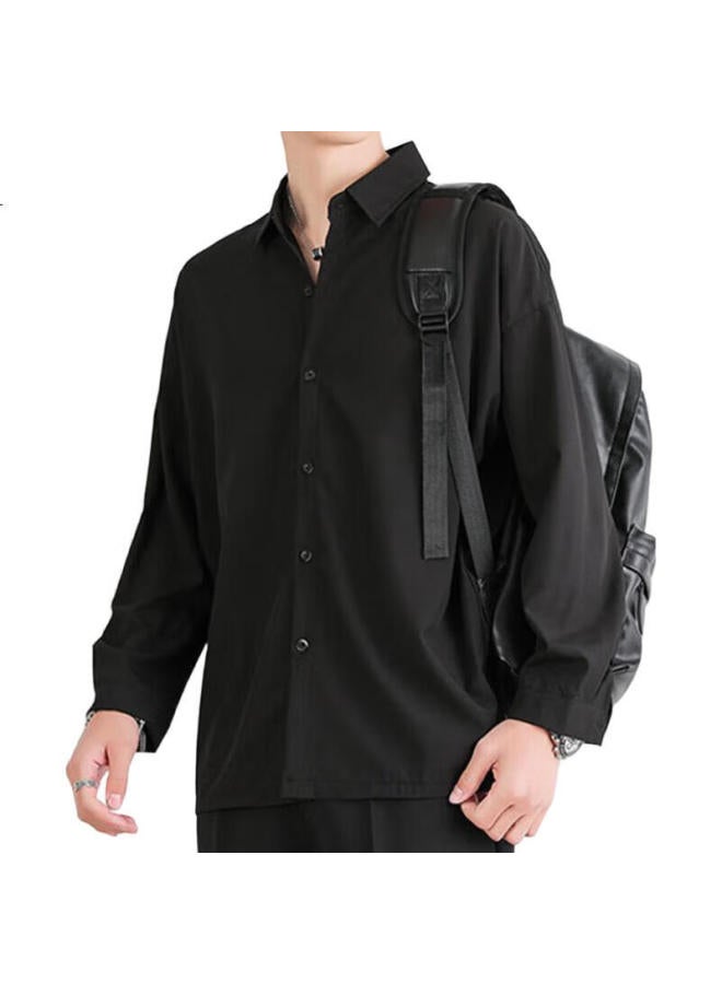 VANCAMEL Men'S Long-Sleeve Shirt, Loose Casual Menswear Top, Korean Style Solid Color Clothing, Black, 2Xl - Image 1