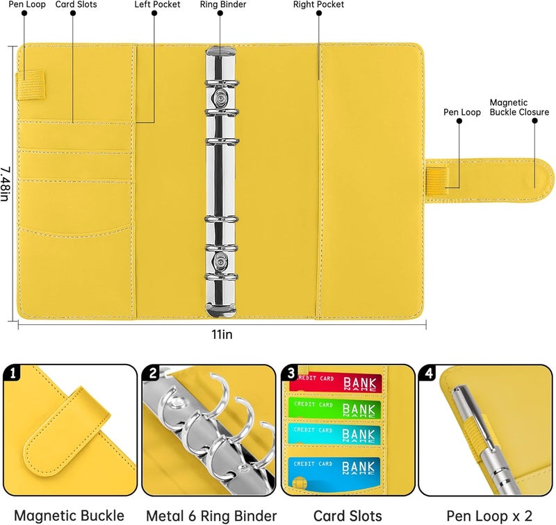 Antner A6 Notebook Binder Refillable 6 Ring Budget Binder Cover for A6 Refill Paper, PU Leather Budget Planner Organizer with Magnetic Buckle, Loose Leaf Personal Planner, Lemon Yellow - Image 2