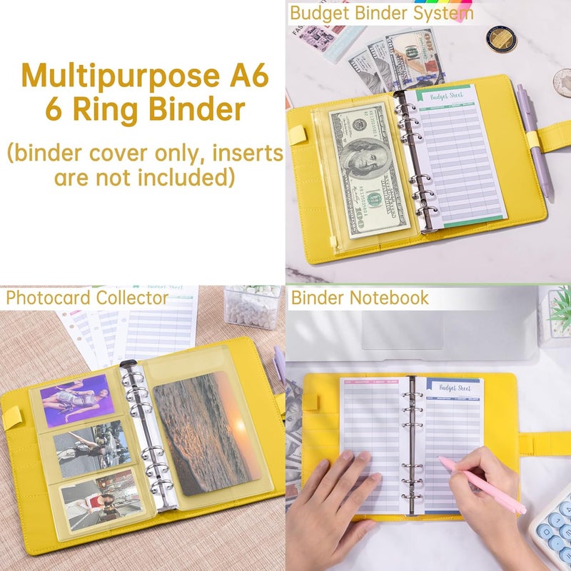 Antner A6 Notebook Binder Refillable 6 Ring Budget Binder Cover for A6 Refill Paper, PU Leather Budget Planner Organizer with Magnetic Buckle, Loose Leaf Personal Planner, Lemon Yellow - Image 4