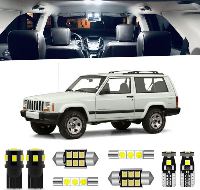 ENDPAGE 14 قطعة من طقم إضاءة داخلية LED لسيارة جيب شيروكي XJ موديلات 1997 1998 1999 2000 2001 أبيض 6000K فائق السطوع، طقم إضاءة LED للسقف والخريطة الداخلية + أضواء لوحة الترخيص، أداة تركيب - Image 1