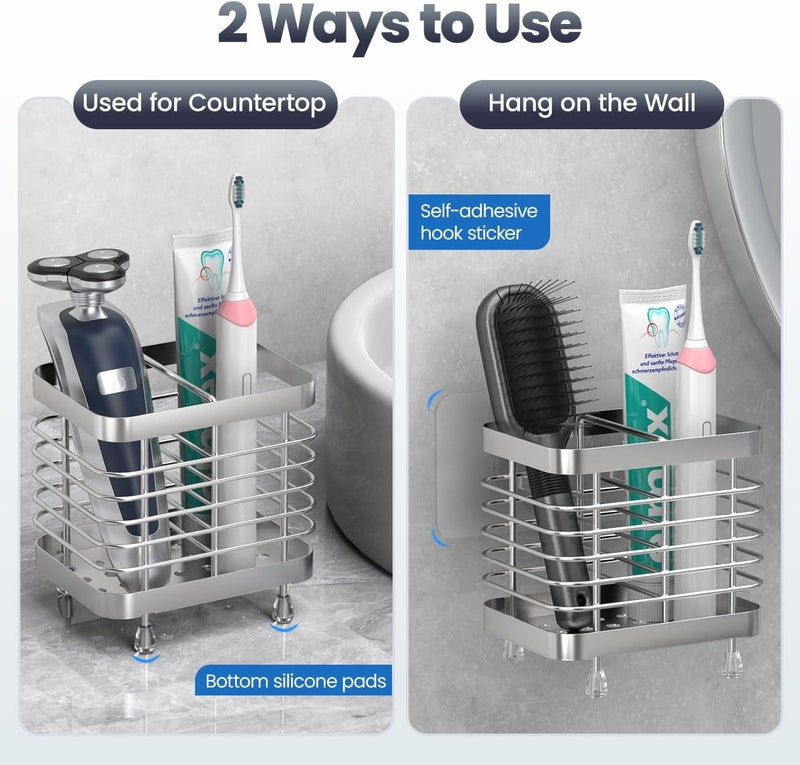 لوكس سبير حامل فرشاة أسنان للحمام، حامل فرشاة أسنان كهربائية من الفولاذ المقاوم للصدأ مثبت على الحائط، حامل فرشاة أسنان ومعجون أسنان للاستحمام، أساسيات تنظيم الحمام، فتحتان، فضي - Image 2