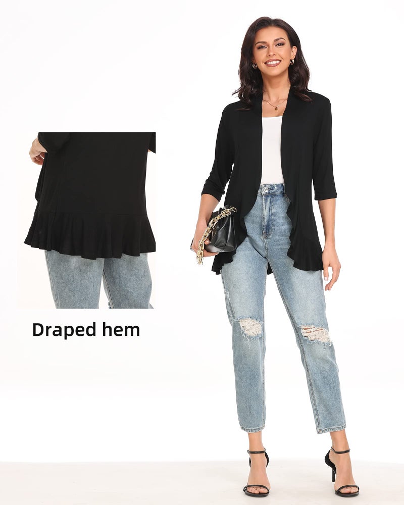 Argstar 3/4 Sleeve Cardigan for Women, Casual Lightweight Open Front Soft Draped Ruffles Black Large - Image 5