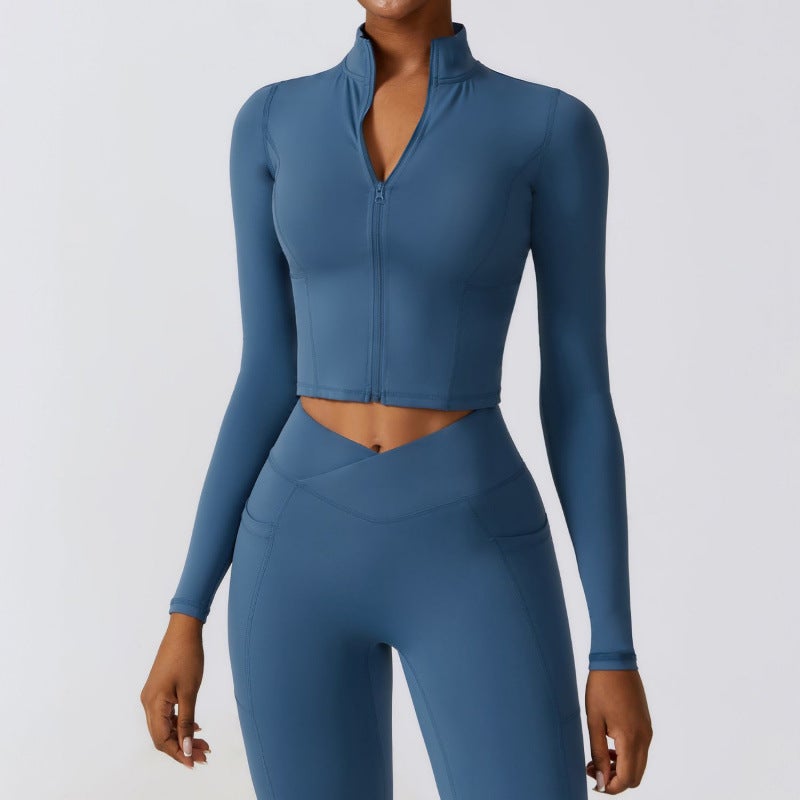 Generic Winter Quick-drying Long-sleeved Yoga Suit Jacket Zipper Running Sports Outer Wear Tight-fitting Naked Fashion Fitness Suit 8355 Night sky blue [78% nylon + 22% spandex] 