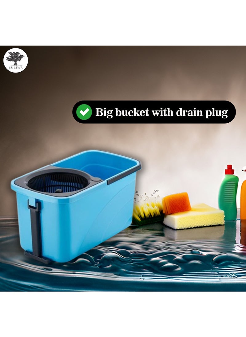sulfar - Sulfar Spin Bucket Mop Set with Plastic Wringer and Auto-fold Handle, Blue, (1 Extra Refill) - Image 1