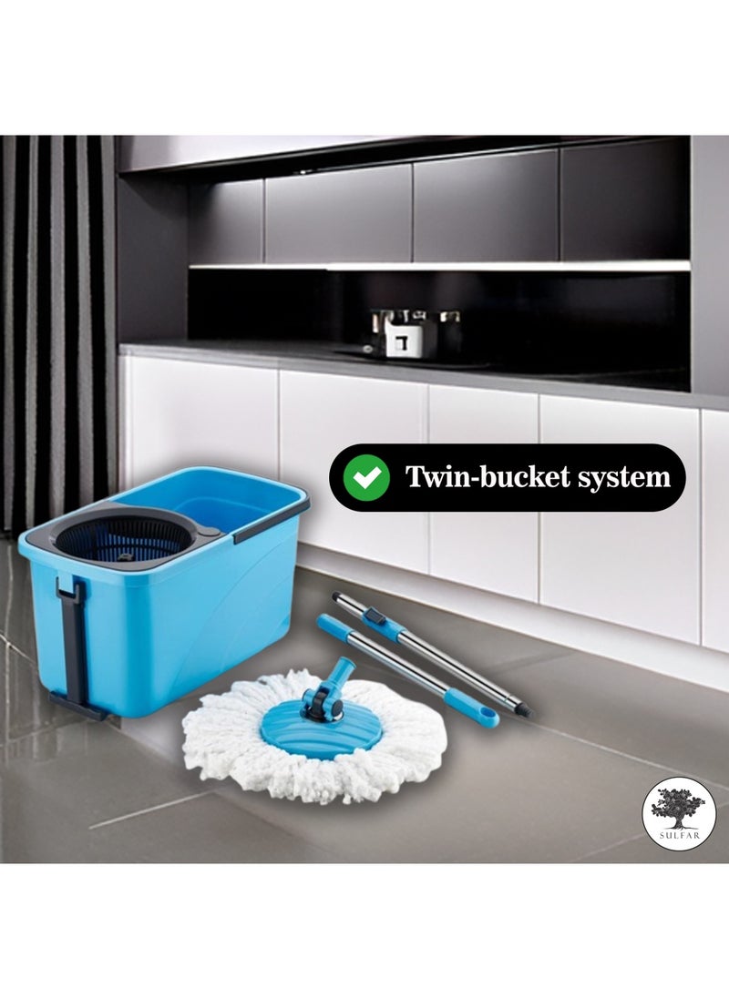 sulfar Sulfar Spin Bucket Mop Set with Plastic Wringer and Auto-fold Handle, Blue, (1 Extra Refill)  - Image 3