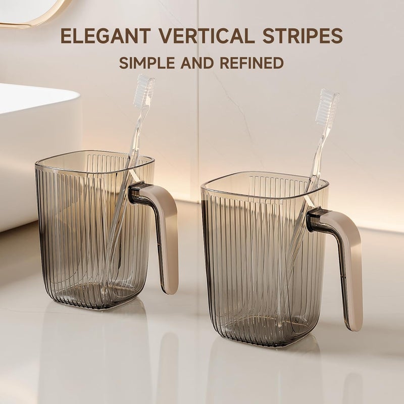 SHOTAY Toothbrush Cup, 420ml Bathroom Cup, Large Toothbrush Holder Cup, Bathroom Tumbler with Comfortable Handle, Plastic Toothbrush Cup Tumbler - Beige&Clear - 1pcs - Image 3