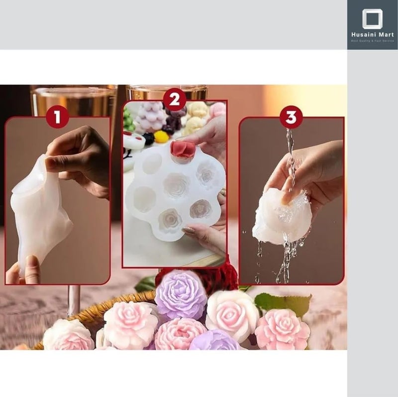 HUSAINI MART Multicolour 7 Cavity Rose Flower Candle molds3D Valentines Day Mold for Candle Making for Candle Soap MakingHandmade Cake Dessert Decoration Chocolate Cupcake Candy Ice MoldResin - Image 5