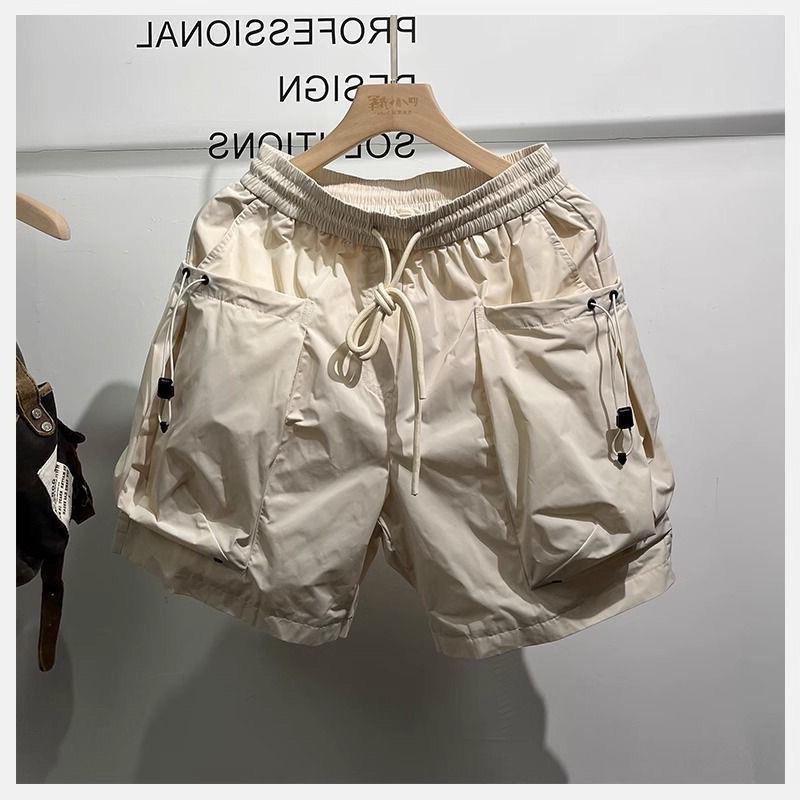 New Arrival Japanese Style Large Pocket Versatile Drawstring Cargo Pants Summer Mens Solid Color Casual Shorts Black Apricot  - Image 1