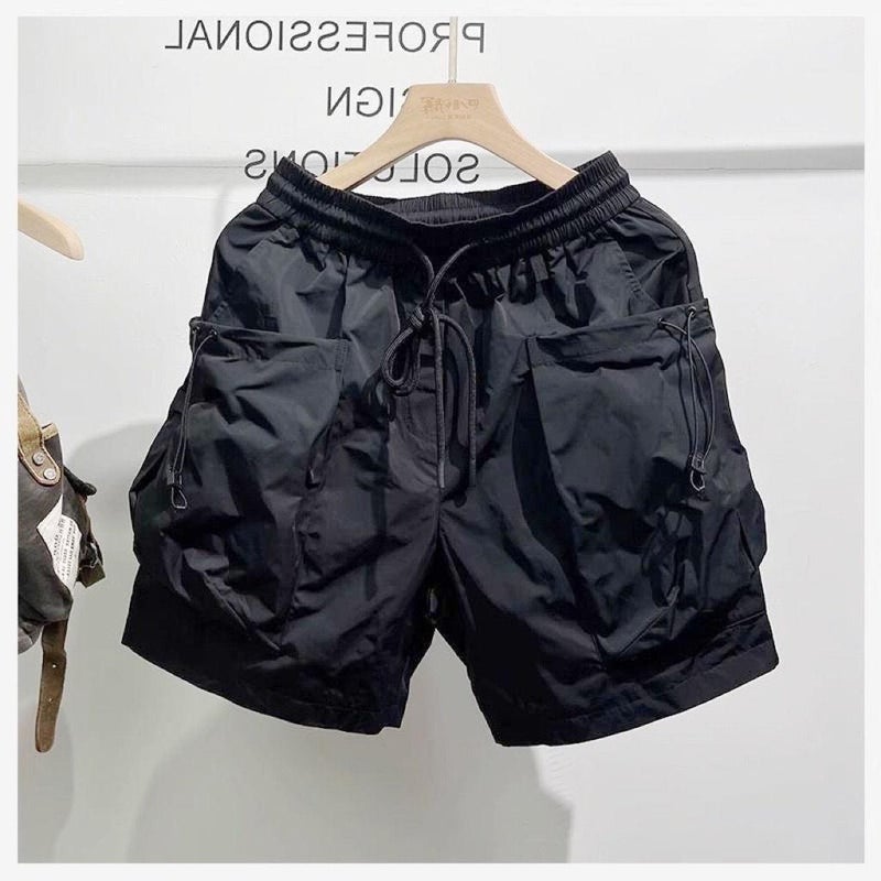 New Arrival Japanese Style Large Pocket Versatile Drawstring Cargo Pants Summer Mens Solid Color Casual Shorts Black Apricot  - Image 2