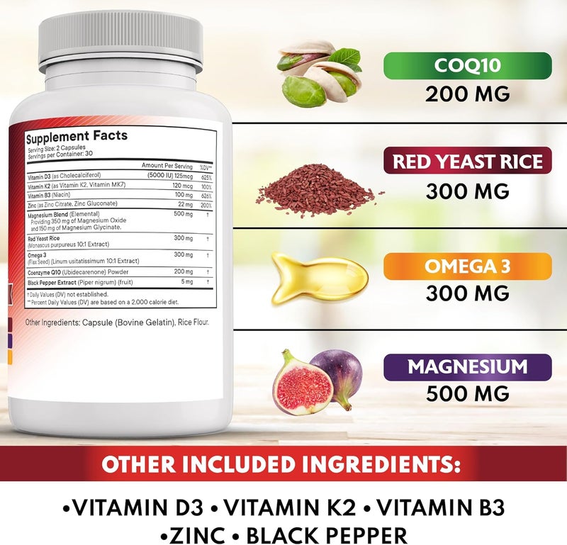 NEW AGE COQ10 200mg Red Yeast Rice Omega 3 Magnesium Complex Zinc Vitamin K2 D3  Heart Health Support Vitamins for Women and Men with Vitamin B3 Coenzyme Q1060 Count - Image 2