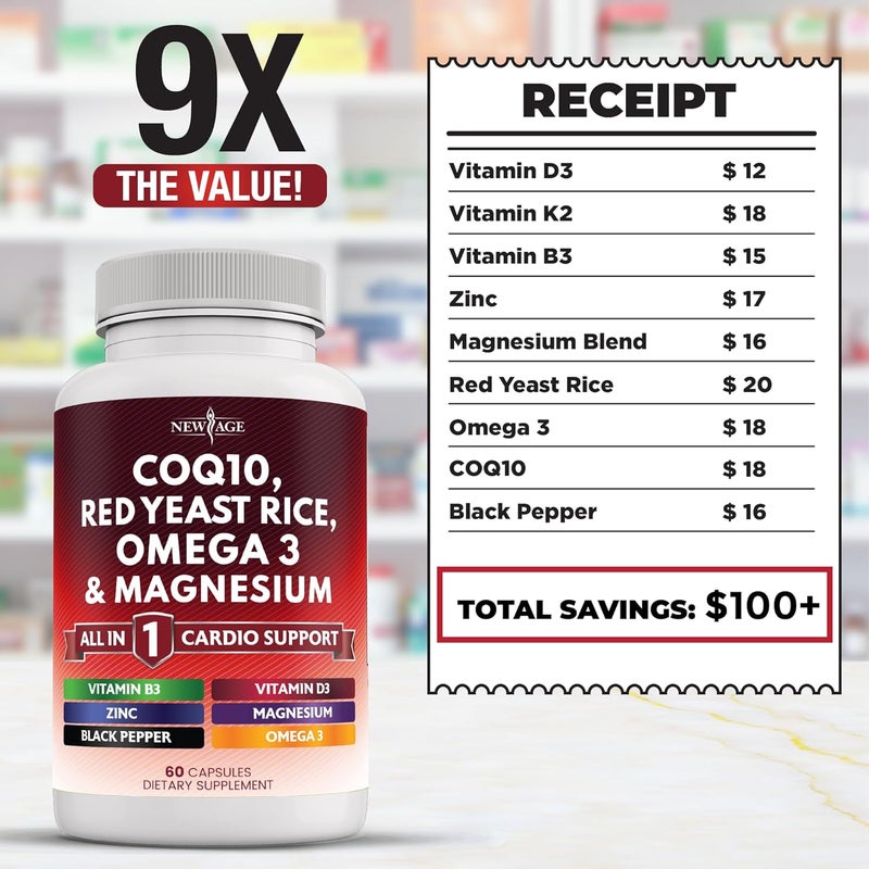 NEW AGE COQ10 200mg Red Yeast Rice Omega 3 Magnesium Complex Zinc Vitamin K2 D3  Heart Health Support Vitamins for Women and Men with Vitamin B3 Coenzyme Q1060 Count - Image 5