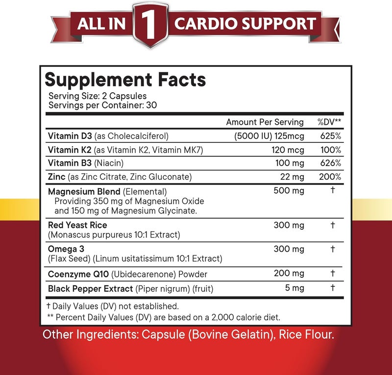 NEW AGE COQ10 200mg Red Yeast Rice Omega 3 Magnesium Complex Zinc Vitamin K2 D3  Heart Health Support Vitamins for Women and Men with Vitamin B3 Coenzyme Q1060 Count - Image 3