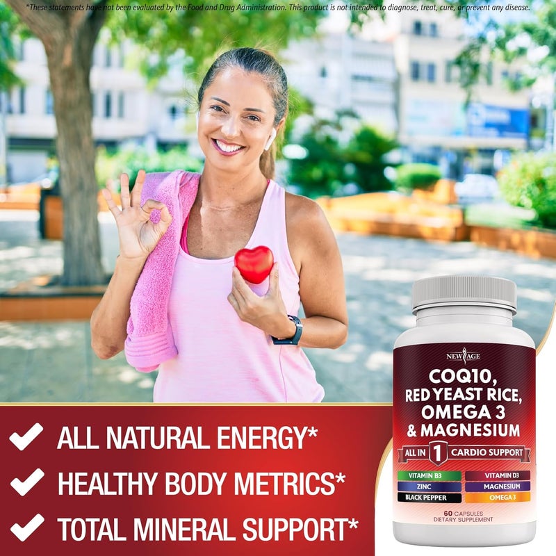 NEW AGE COQ10 200mg Red Yeast Rice Omega 3 Magnesium Complex Zinc Vitamin K2 D3  Heart Health Support Vitamins for Women and Men with Vitamin B3 Coenzyme Q1060 Count - Image 4