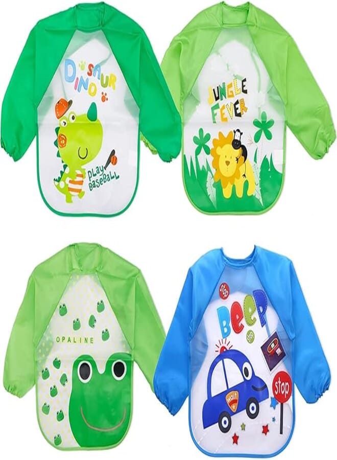 SYOSI Waterproof Washable EVA Food Bib, with Long Sleeves, Toddler Feeding Weaning Eating Painting Apron, Easy Clean Smock for Infant Babies Boys 6-36 Months, 4 Pcs, FOUR, M