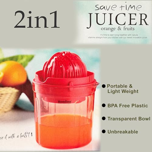 Homfine Hand Juicer Two Way Use, Time Saving, for Citrus Fruits & Vegetables, Orange, Pomegranate, Red, 1 Piece (BPA Free Food Grade Plastic) - Image 2