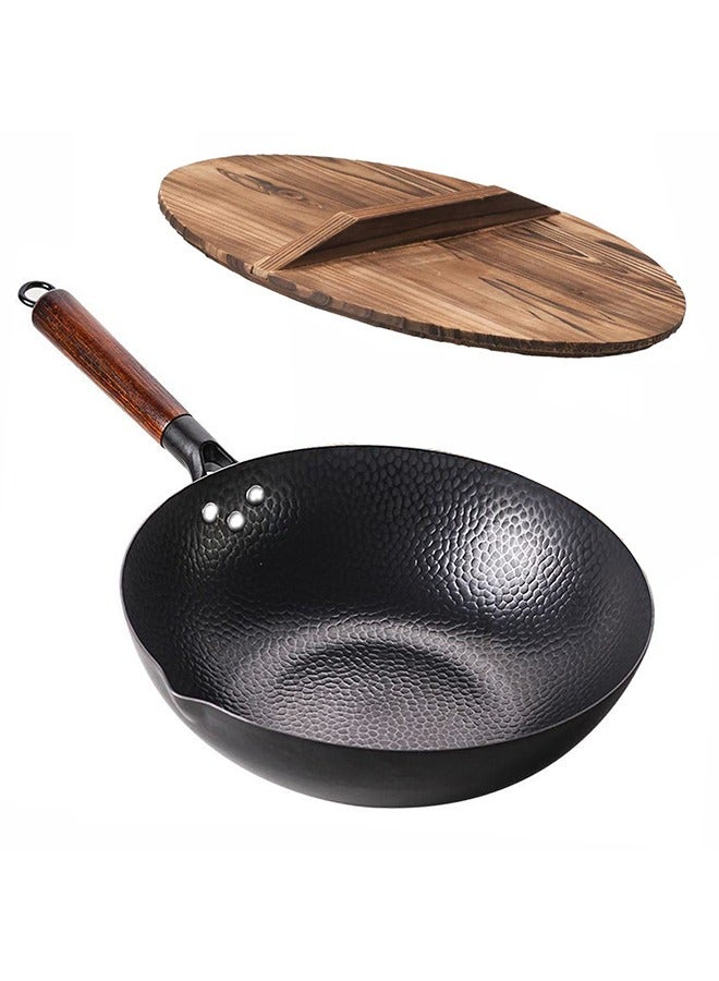 LENND Carbon Steel Wok Pan - 32cm Woks and Stir Fry Pans with Lid, No Chemical Coated Wok Pan for Electric, Induction & Gas Stoves, Nonstick Iron Wok and Stir Fry Pan with Detachable Wooden Handle - Image 1