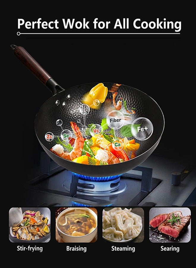 LENND Carbon Steel Wok Pan - 32cm Woks and Stir Fry Pans with Lid, No Chemical Coated Wok Pan for Electric, Induction & Gas Stoves, Nonstick Iron Wok and Stir Fry Pan with Detachable Wooden Handle - Image 2