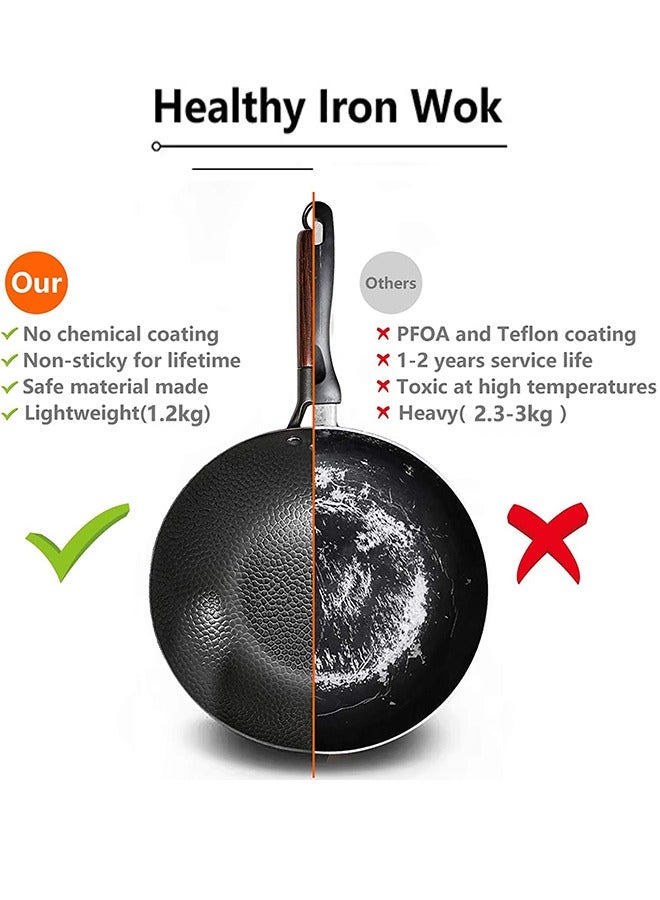 LENND Carbon Steel Wok Pan - 32cm Woks and Stir Fry Pans with Lid, No Chemical Coated Wok Pan for Electric, Induction & Gas Stoves, Nonstick Iron Wok and Stir Fry Pan with Detachable Wooden Handle - Image 4