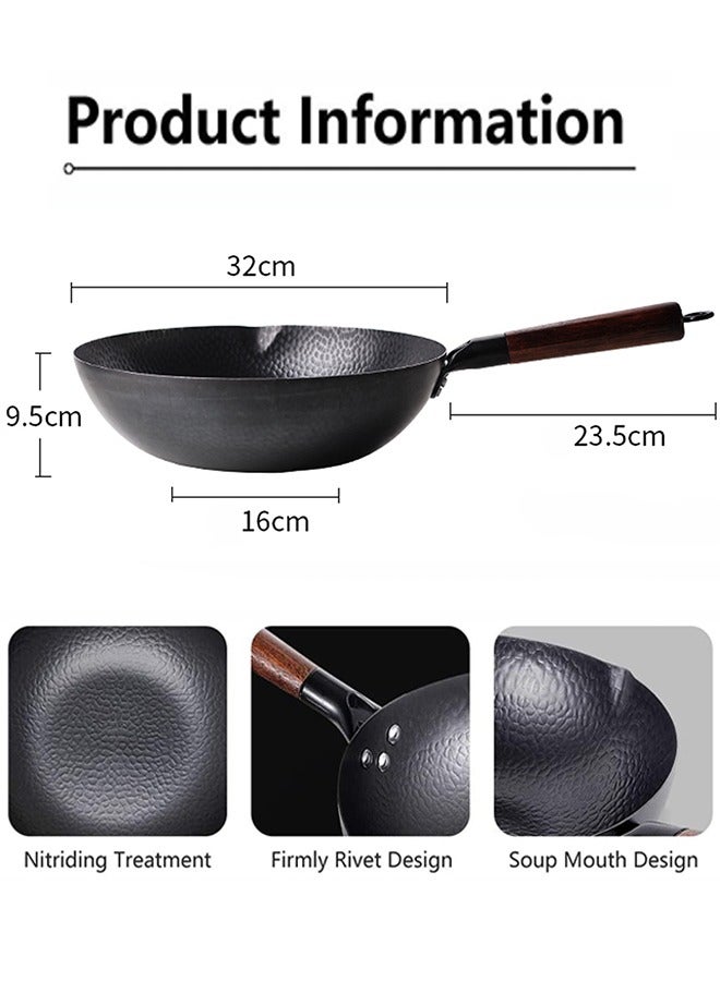 LENND Carbon Steel Wok Pan - 32cm Woks and Stir Fry Pans with Lid, No Chemical Coated Wok Pan for Electric, Induction & Gas Stoves, Nonstick Iron Wok and Stir Fry Pan with Detachable Wooden Handle - Image 5