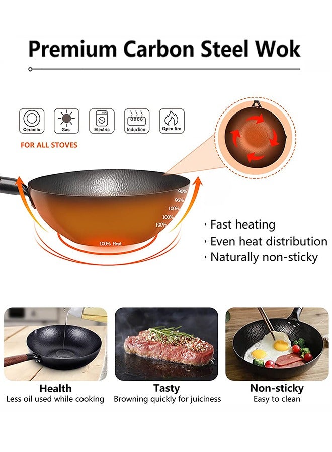 LENND Carbon Steel Wok Pan - 32cm Woks and Stir Fry Pans with Lid, No Chemical Coated Wok Pan for Electric, Induction & Gas Stoves, Nonstick Iron Wok and Stir Fry Pan with Detachable Wooden Handle - Image 3