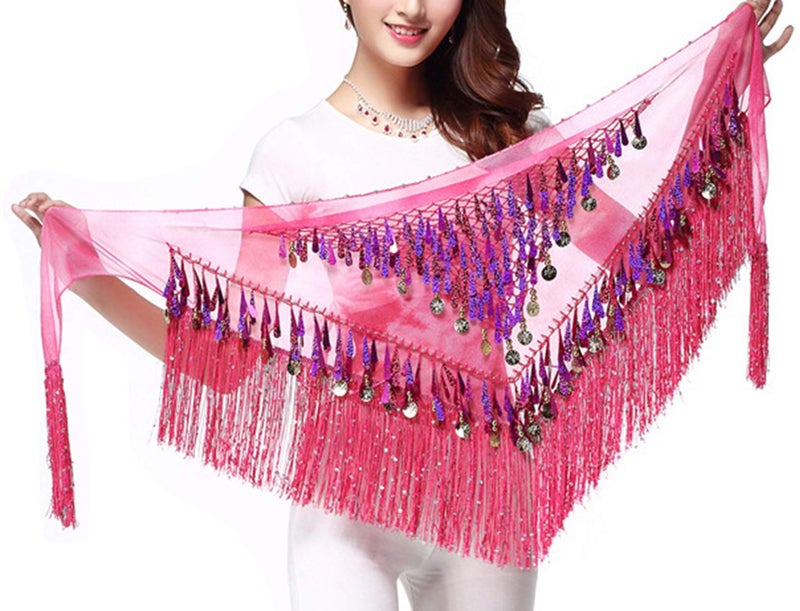 Lauthen.S Belly Dance Hip Scarf with Tassels Sequins, Triangle Coins Wrap Skirt Music Festival Clothing Hot Pink - Image 4