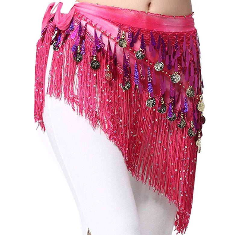 Lauthen.S Belly Dance Hip Scarf with Tassels Sequins, Triangle Coins Wrap Skirt Music Festival Clothing Hot Pink - Image 1