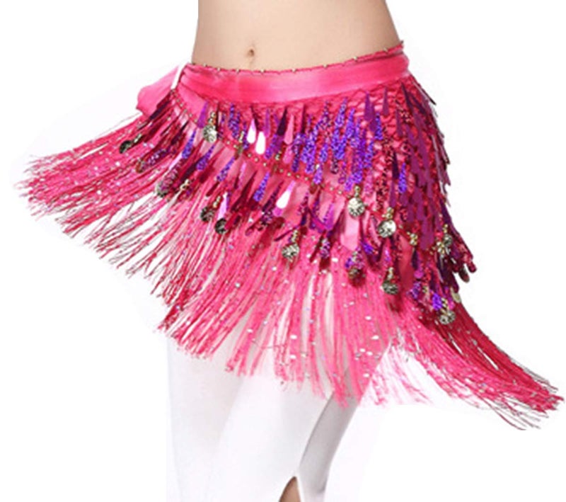 Lauthen.S Belly Dance Hip Scarf with Tassels Sequins, Triangle Coins Wrap Skirt Music Festival Clothing Hot Pink - Image 2