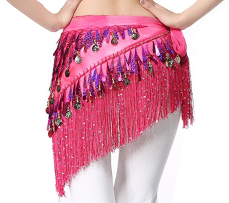 Lauthen.S Belly Dance Hip Scarf with Tassels Sequins, Triangle Coins Wrap Skirt Music Festival Clothing Hot Pink - Image 3