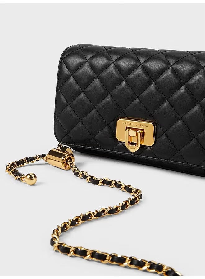 Charles & Keith CHARLES&KEITH Lattice Chain Shoulder Crossbody Bag Small Square Bag Black - Image 4