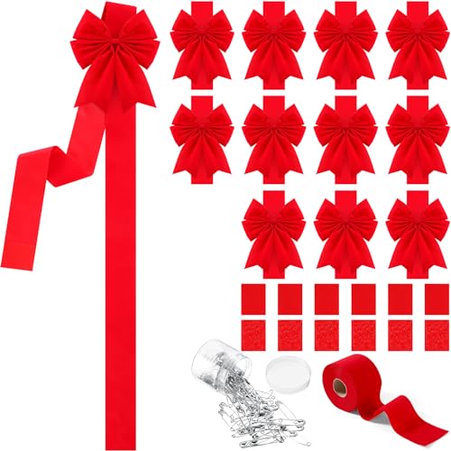 Syhood 12 Pieces Christmas Cabinet Ribbons Xmas Door Ribbon Cabinet Bows with Large 30m Christmas Red Ribbons for DIY Christmas Festive Party Christmas Tree Decor Dining Kitchen SuppliesRed Velvet - Image 1