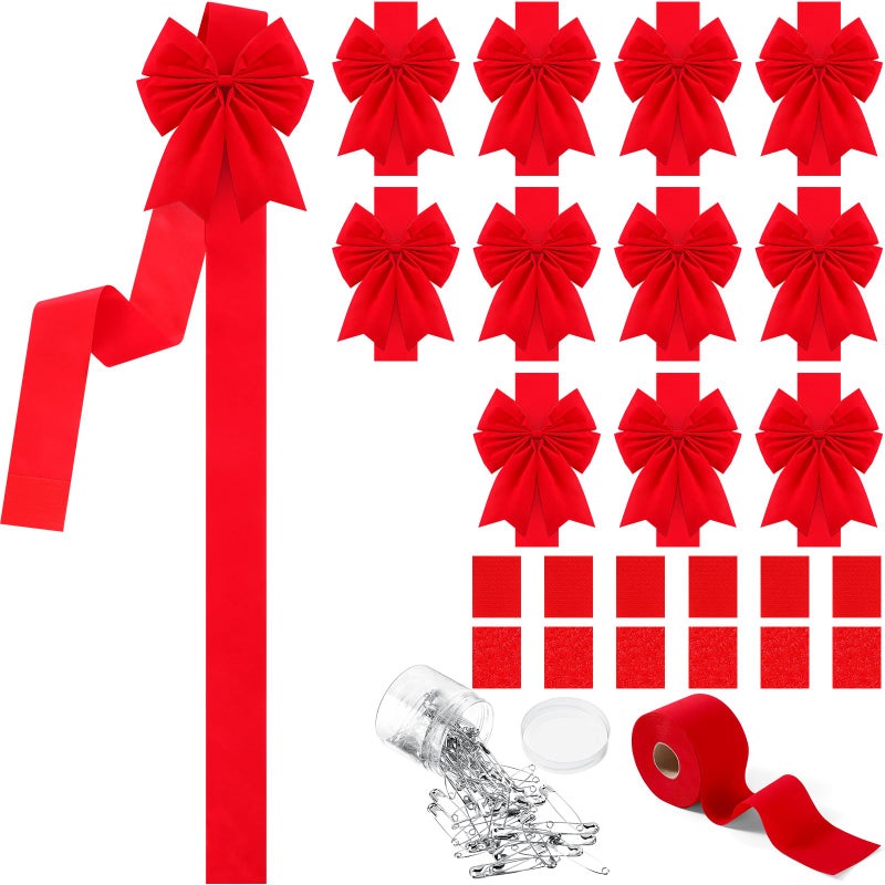 Syhood 12 Pieces Christmas Cabinet Ribbons Xmas Door Ribbon Cabinet Bows with Large 30m Christmas Red Ribbons for DIY Christmas Festive Party Christmas Tree Decor Dining Kitchen SuppliesRed Velvet - Image 2