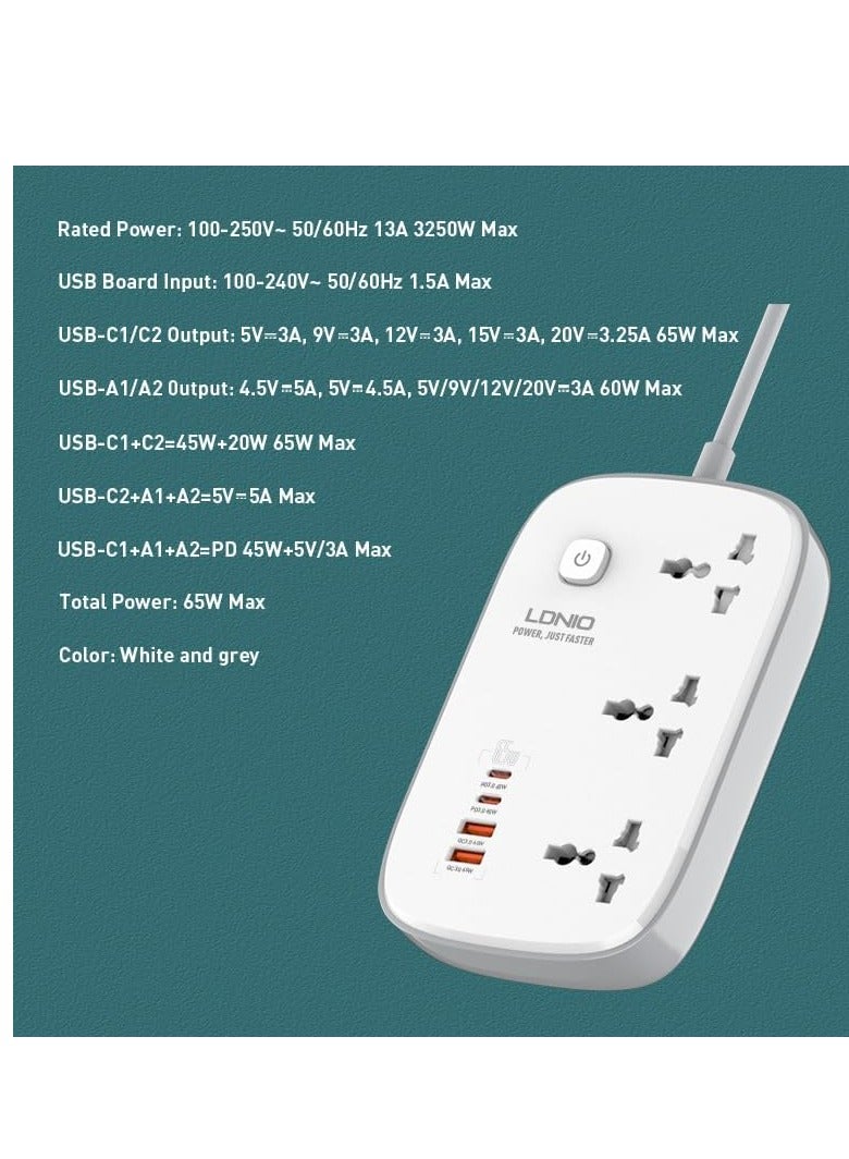 لدنيو وصلة مشترك كهربائي عالمي SC3416 من ال دينو، يأتي بـ 3 منافذ و4 منافذ USB، مشترك تمديد متعدد الطاقة - ابيض - Image 3