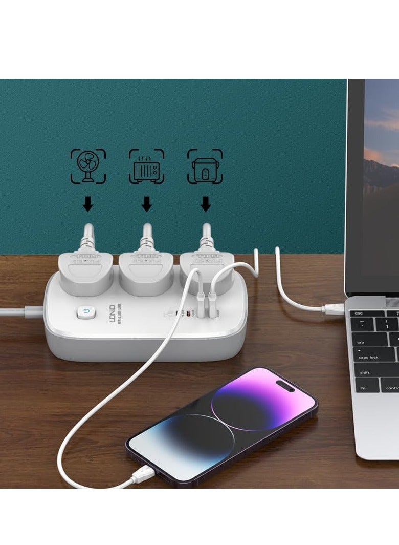 لدنيو وصلة مشترك كهربائي عالمي SC3416 من ال دينو، يأتي بـ 3 منافذ و4 منافذ USB، مشترك تمديد متعدد الطاقة - ابيض - Image 4