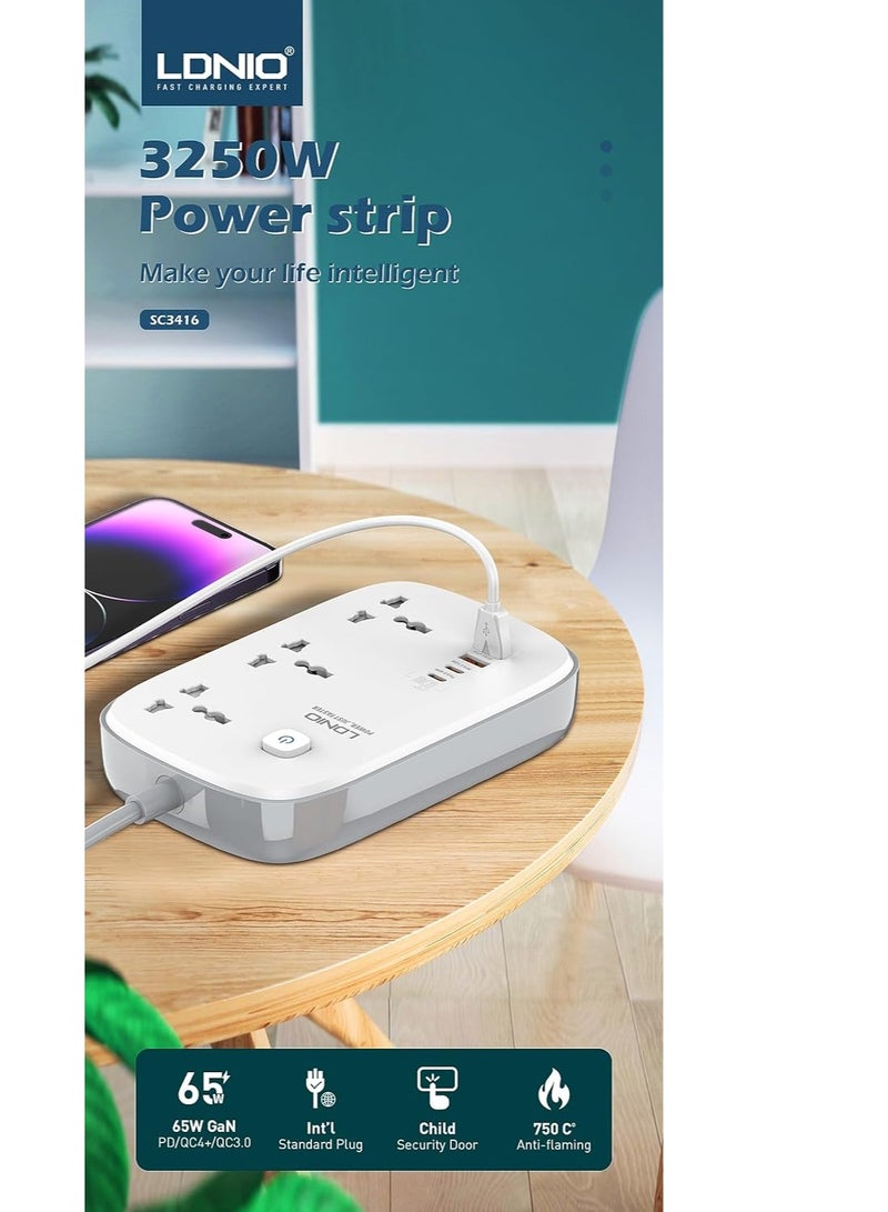 لدنيو وصلة مشترك كهربائي عالمي SC3416 من ال دينو، يأتي بـ 3 منافذ و4 منافذ USB، مشترك تمديد متعدد الطاقة - ابيض - Image 2