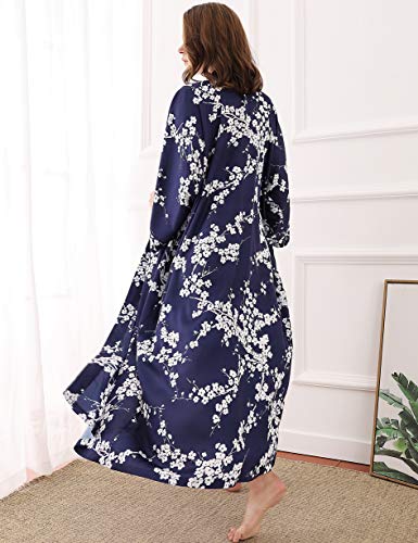 Aensso long soft silk y kimono women robes, blue white floral dressing gown bridal robe - Image 5