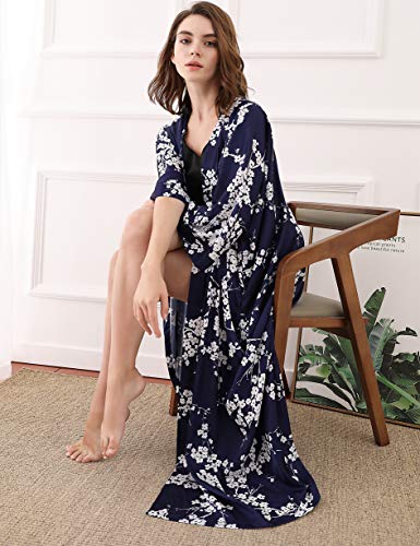 Aensso long soft silk y kimono women robes, blue white floral dressing gown bridal robe - Image 4
