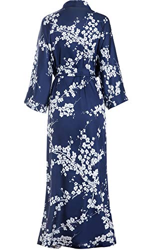 Aensso long soft silk y kimono women robes, blue white floral dressing gown bridal robe - Image 2