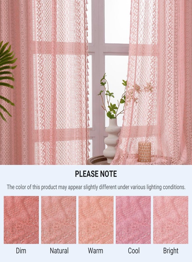 WAZZIO Light Pink Curtains 2 Panels 84 Inches Long Cotton Crochet Lace Sheer Curtain Cute Soft Baby Pink Curtains for Girls Room Nursery Living Room,Rod Pocket Tassel Semi Sheer Drapes,Dusty Grey Pink - Image 5