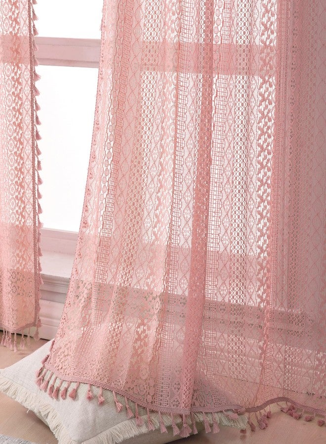 WAZZIO Light Pink Curtains 2 Panels 84 Inches Long Cotton Crochet Lace Sheer Curtain Cute Soft Baby Pink Curtains for Girls Room Nursery Living Room,Rod Pocket Tassel Semi Sheer Drapes,Dusty Grey Pink - Image 3