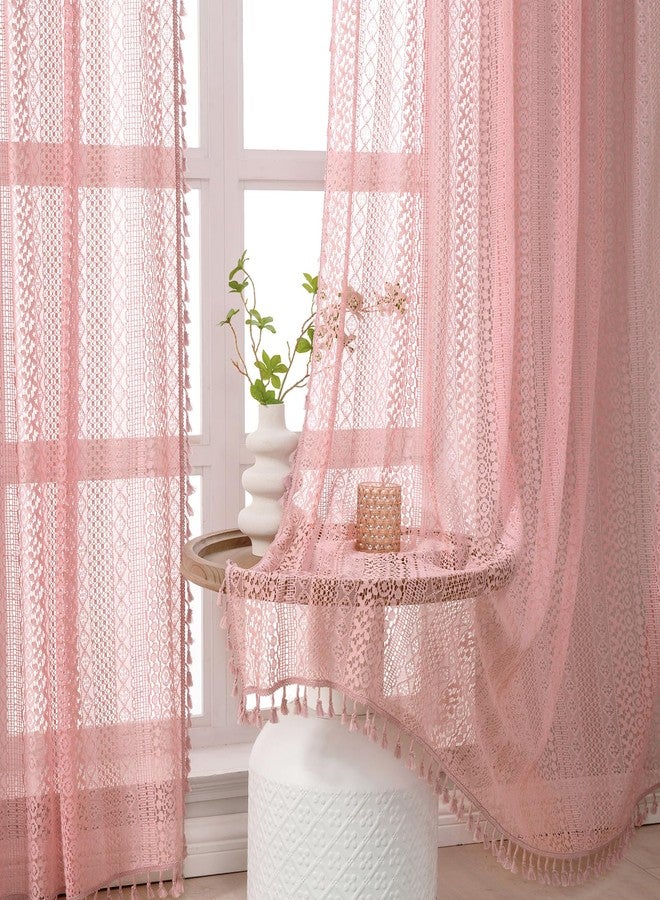 WAZZIO Light Pink Curtains 2 Panels 84 Inches Long Cotton Crochet Lace Sheer Curtain Cute Soft Baby Pink Curtains for Girls Room Nursery Living Room,Rod Pocket Tassel Semi Sheer Drapes,Dusty Grey Pink - Image 2
