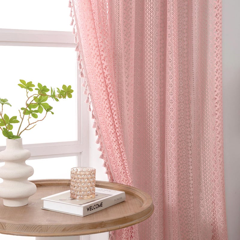 WAZZIO Light Pink Curtains 2 Panels 84 Inches Long Cotton Crochet Lace Sheer Curtain Cute Soft Baby Pink Curtains for Girls Room Nursery Living Room,Rod Pocket Tassel Semi Sheer Drapes,Dusty Grey Pink - Image 1