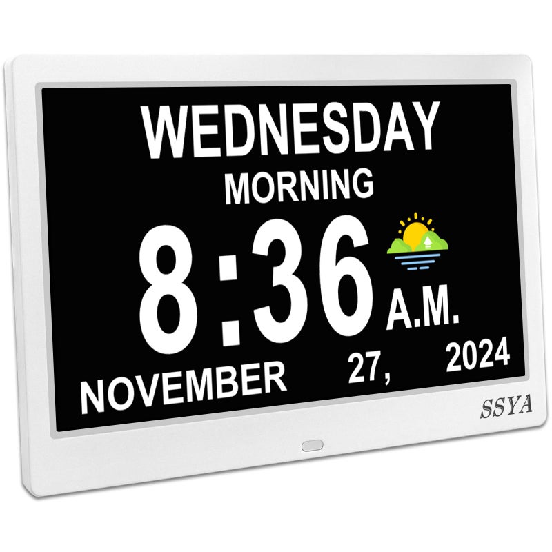SSYA Dementia Clock for Seniors Digital Clock with Date and Day of Week Auto DST NonAbbreviated Large Calendar Alarm Clocks White