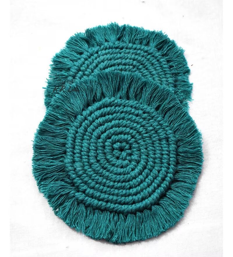 R.R.LALA Macrame Handmade CoastersTea Coaster Coffee Coaster Macrame Coasters Round Cup Coaster Boho Coaster 4 INCHES 4 PCS set Circle Coaster with Frills Best GiftGreen Color - Image 4