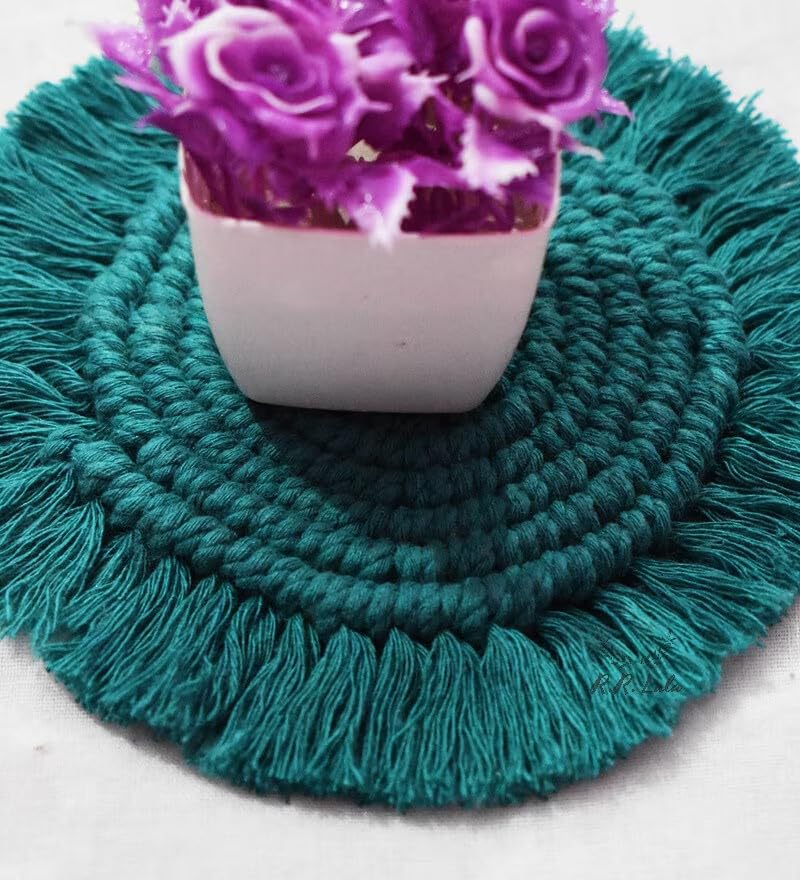 R.R.LALA Macrame Handmade CoastersTea Coaster Coffee Coaster Macrame Coasters Round Cup Coaster Boho Coaster 4 INCHES 4 PCS set Circle Coaster with Frills Best GiftGreen Color - Image 3