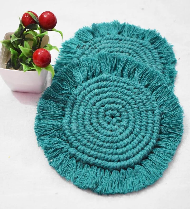 R.R.LALA Macrame Handmade CoastersTea Coaster Coffee Coaster Macrame Coasters Round Cup Coaster Boho Coaster 4 INCHES 4 PCS set Circle Coaster with Frills Best GiftGreen Color - Image 1
