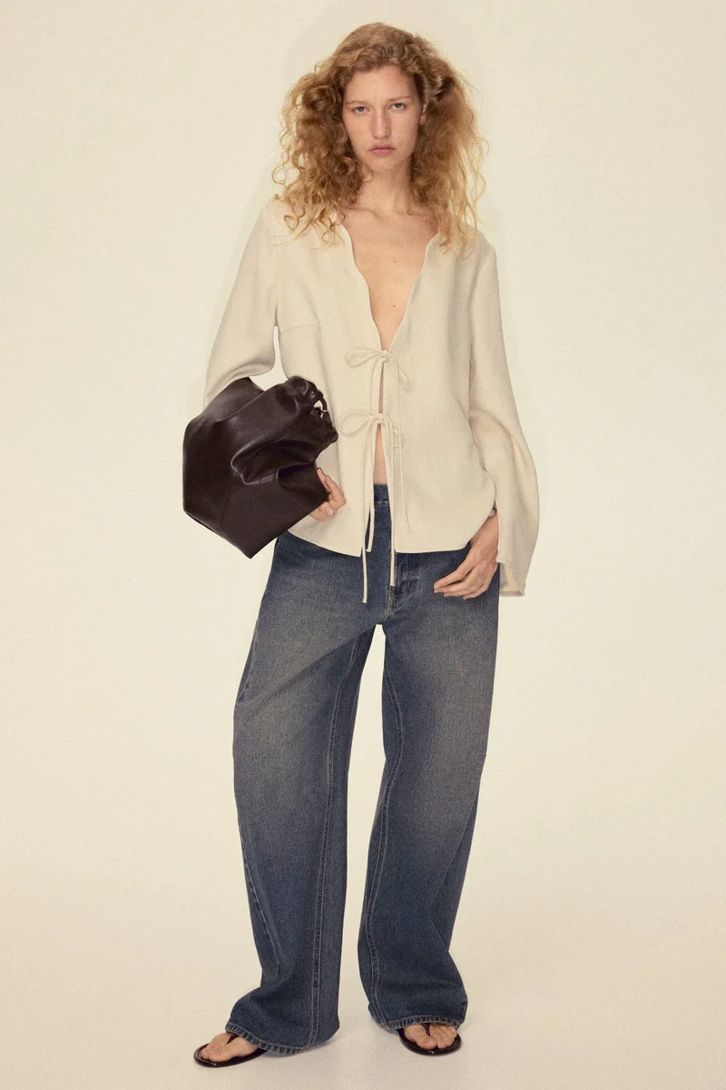 Linen-blend tie-front jacket